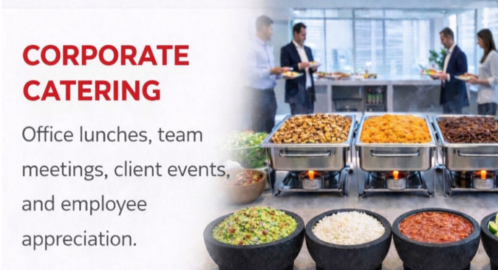 Buffet-style lunch setup with assorted dishes and people serving food in a modern office setting. Text reads "Corporate Catering" with service descriptions.