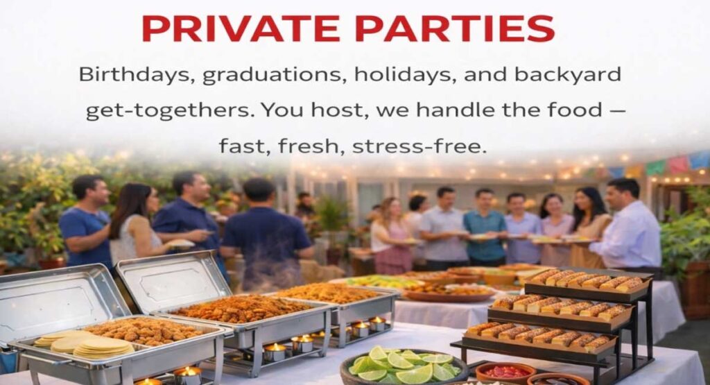 Buffet setup with trays of food and desserts in front of a group of people socializing outdoors at a private party event.