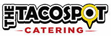The Taco Spot Catering logo with bold black and white text and a yellow map pin as the letter "O," and the word "Catering" in red below.